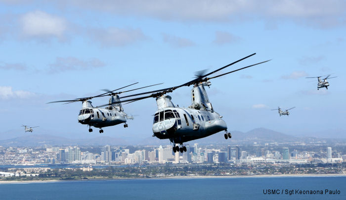 March 31, 2014 the CH-46 from HMM-364 <u>Flies the Barn</u> taking off and landing in unison and flying in mass formations over San Diego signifying the transition to the <a href=/database/modelorg/731/>MV-22B Osprey</a>