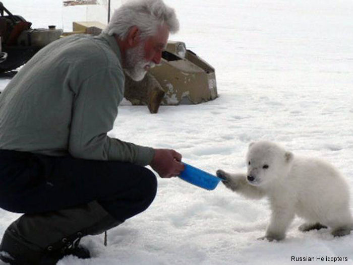 The crew of a Russian Mi-26 military helicopter saved a baby polar bear from starving to death in the Arctic after the young bear became separated from its mother.