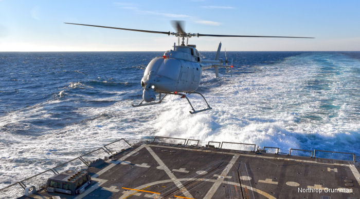 After more than a year of land-based testing at Point Mugu, the new unmanned helicopter MQ-8C Fire Scout flew for the first time off an US Navy guided-missile destroyer.
