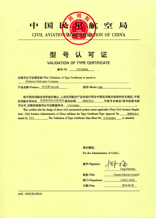 China Certifies Robinson R66