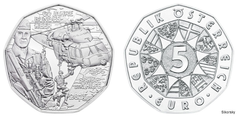 Austrian Mint issued silver and copper 5 euro coins with a Black Hawk helicopter in a life-saving role to commemorate this month s 60th anniversary of the Austrian Armed Forces (Bundesheer)