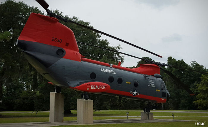 A CH/HH-46 Sea Knight helicopter on display outside the MCAS Beaufort  Headquarters building in South Carolina is dedicated to Hospital Corpsman 1st Class Kevin Frank.