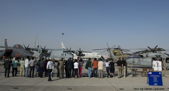 U.S. Air Force B-1, F-22, F-15, C-130J, Navy P-8, MH-53E, MH-60S, Army CH-47F and Marines MV-22B are on display at the Dubai Air Show 2015 from November 8-12