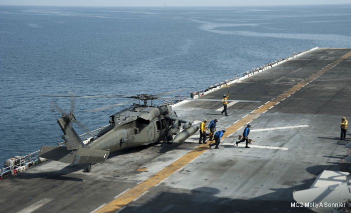 US Army 185th Theater Aviation Brigade Black Hawks and Apaches took part in a joint deck-landing qualification exercise with the USS Essex, a Wasp-class Amphibious Assault Ship, in the Persian Gulf.