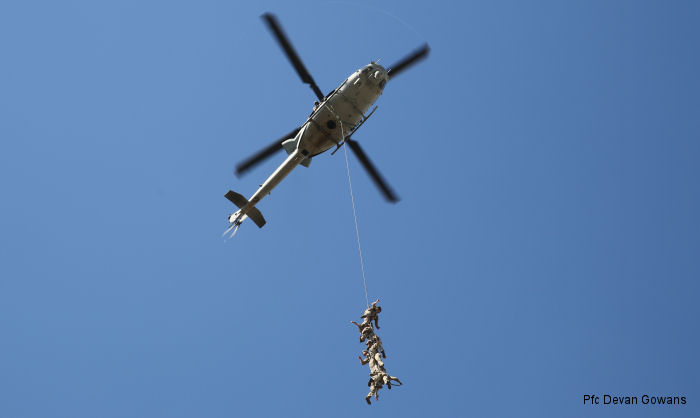 U.S. Marines with Company A, 1st Reconnaissance Battalion conducted a fast-rope and Special Patrol Insertion and Extraction rigging exercise with HMLA-369 squadron at Camp Pendleton, California