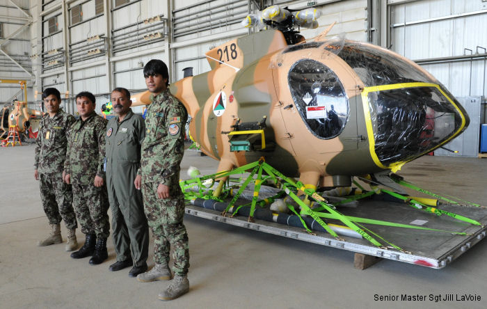 First six, of 12 ordered in October 2014, armed MD 530F Cayuse Warrior Scout Attack Helicopters for the Afghan Air Force arrived to Kabul