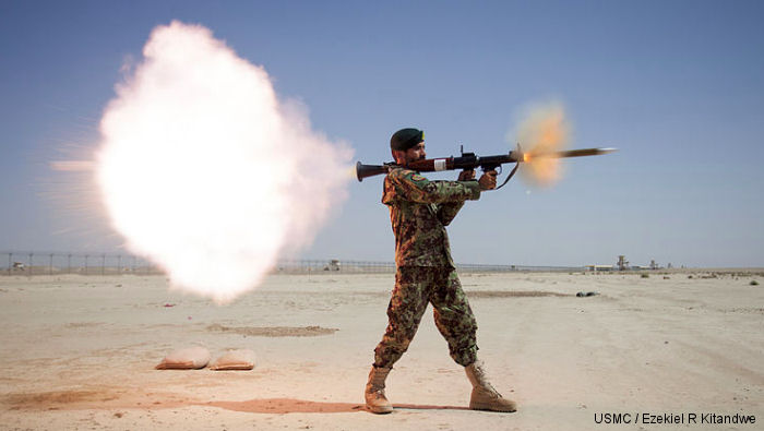 Afghan soldier launchs a Soviet/Russian made rocket-propelled grenade RPG-7 during training