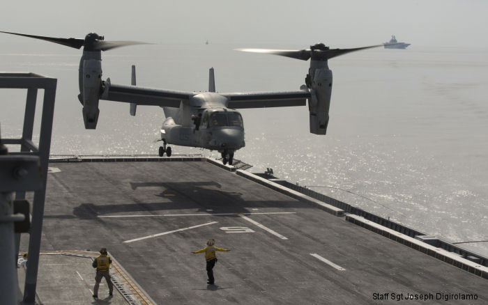 A U.S. Marine Corps MV-22B Osprey  made its first ever landing on the flight deck of a Republic of Korea Navy amphibious assault ship off the coast of the Korean peninsula, March 26, 2015.