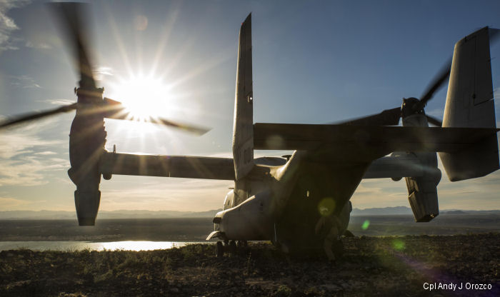 A MV-22B Osprey from VMX-22 prepares to take off while on top of a mountain a Kirtland AFB, New Mexico, April 2. During the flight they conducted low visibility landing, flew through mountainous terrain and at low altitudes