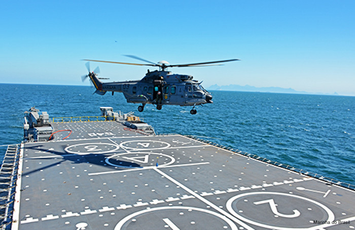 Brazilian navy new LPD ship NDM Bahia (ex French Siroco) conducts first aviation safety qualification with the EC725 / H225M helicopter