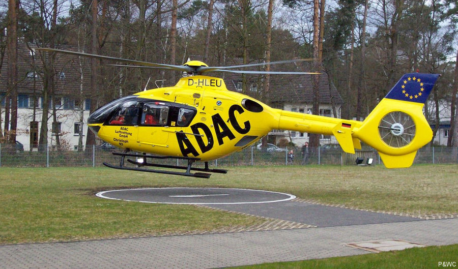 Helicopter Eurocopter EC135P1 Serial 0007 Register HA-ECH D-HLEU used by SHS (Schider Helicopter Service) ,ADAC Luftrettung ADAC Christoph 61 (ADAC) ,Christoph 25 (ADAC). Aircraft history and location