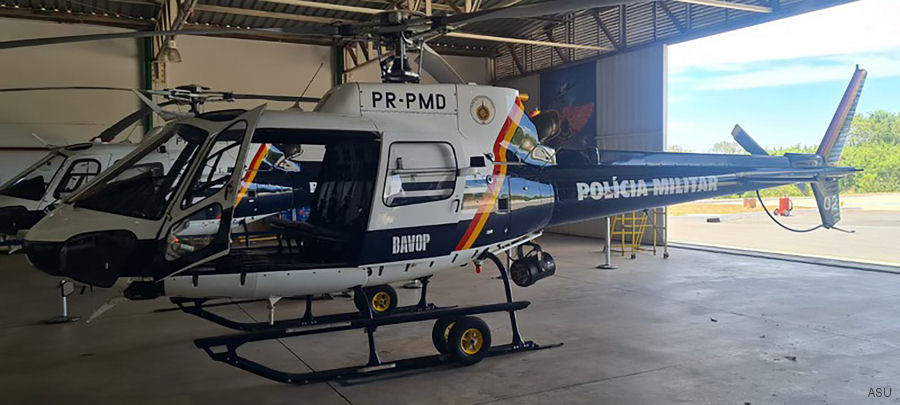 Helicopter Eurocopter HB350B2 Esquilo Serial 7144 Register PR-PMD used by Policia Militar do Brasil (Brazilian Military Police) ,Helibras. Aircraft history and location