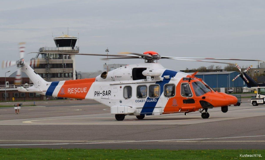 Helicopter AgustaWestland AW189 Serial 89015 Register PH-SAR I-RAIW used by Kustwacht Nederland (Netherlands Coastguard) ,Leonardo Italy. Built 2022. Aircraft history and location