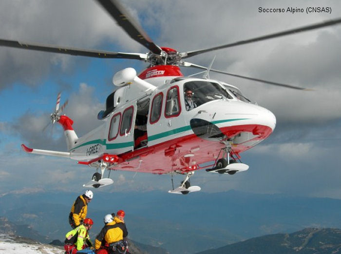 Helicopter Agusta AB139 Serial 31054 Register I-GREE used by Soccorso Alpino CNSAS (Italian Mountain Rescue Service) ,Airgreen. Aircraft history and location