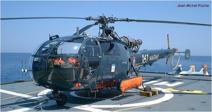 Helicopter Aerospatiale SA319B Alouette III Serial 2161 Register 161 used by Aéronautique Navale (French Navy). Aircraft history and location