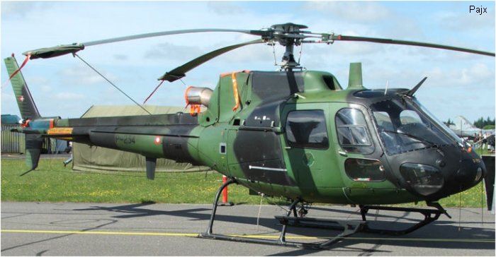 Helicopter Aerospatiale AS550C2 Fennec Serial 2234 Register P-234 used by Flyvevåbnet (Royal Danish Air Force) ,Hæren (Royal Danish Army). Built 1989. Aircraft history and location