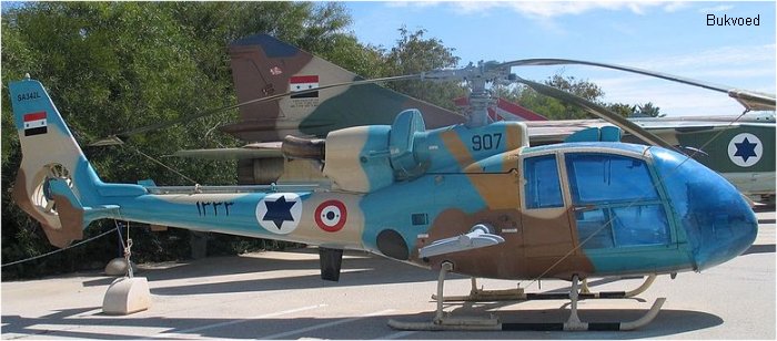 Helicopter Aerospatiale SA342L Gazelle Serial 1788 Register 1333 907 used by al-Quwwāt al-Jawwīyah al-ʿArabīyah as-Sūrīyah (Syrian Arab Air Force) ,Heil Ha'Avir IAF (Israeli Air Force). Aircraft history and location