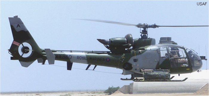 Helicopter Aerospatiale SA341B Gazelle AH.1 Serial 1268 Register XX380 used by Royal Marines RM. Built 1974. Aircraft history and location