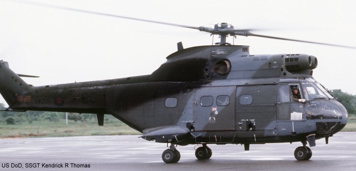 Helicopter Aerospatiale SA330E Puma Serial 1086 Register XW206 used by Royal Air Force RAF. Built 1971. Aircraft history and location