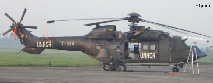 Helicopter Aerospatiale AS332M1 Super Puma Serial 2328 Register T-314 used by United Nations UNHAS ,Schweizer Luftwaffe (Swiss Air Force). Built 1991. Aircraft history and location