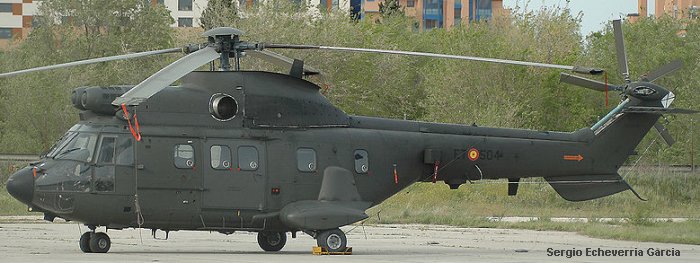 Helicopter Aerospatiale AS332B Super Puma Serial 2202 Register HT.21-06 used by Fuerzas Aeromóviles del Ejército de Tierra FAMET (Spanish Army Aviation). Aircraft history and location