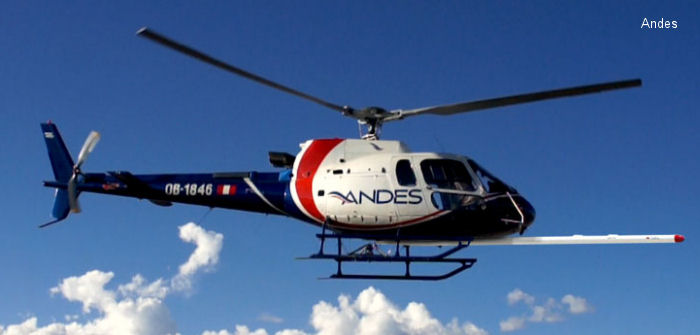 Helicopter Eurocopter AS350B3 Ecureuil Serial 3698 Register OB-1846-P I-EWAY HB-ZFI F-GSDC used by Servicios Aereos De Los Andes. Built 2002. Aircraft history and location