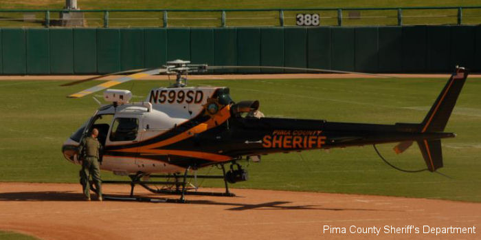 Helicopter Eurocopter AS350B3e Ecureuil Serial 7258 Register N599SD N502EX N600RS used by PCSD (Pima County Sheriff Department) ,American Eurocopter (Eurocopter USA). Built 2012. Aircraft history and location
