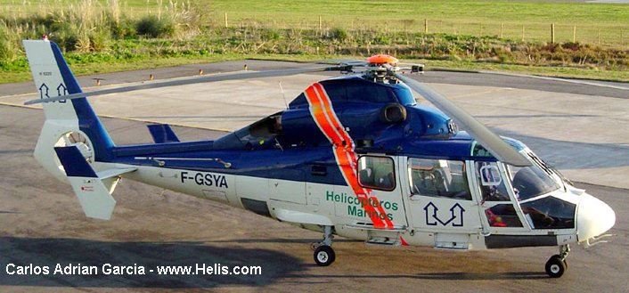 Helicopter Aerospatiale SA365N Dauphin 2 Serial 6220 Register TU-HAA LV-BMY F-GSYA EP-HDU F-GNOF JA9913 used by International Aircraft Services (IAS) ,Helicopteros Marinos HMSA ,Heli-Union. Built 1988. Aircraft history and location