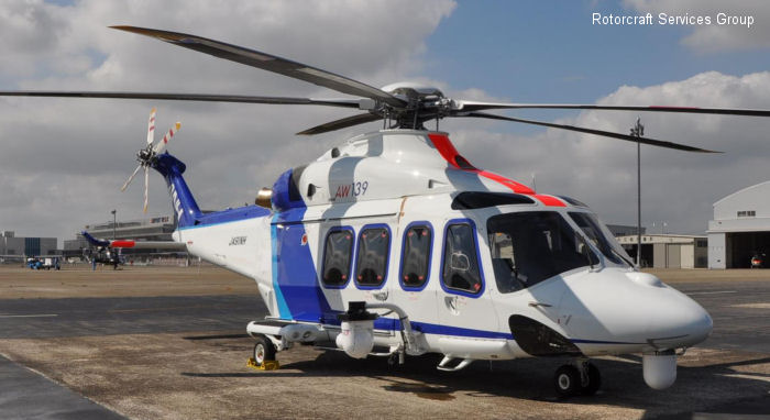 Helicopter AgustaWestland AW139 Serial 31237 Register JA91NH used by All Nippon Helicopter ANH ,Mitsui Bussan Aerospace MBA. Built 2009. Aircraft history and location