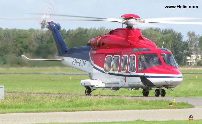 Helicopter AgustaWestland AW139 Serial 31406 Register PR-CGT PH-EUF used by CHC do Brasil BHS (BHS Taxi Aereo) ,CHC Helicopters Netherlands bv CHC NL. Aircraft history and location