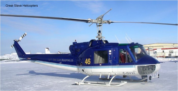 Helicopter Bell 204B Serial 2196 Register OB-1891-P C-GVVI used by Servicios Aereos De Los Andes ,Great Slave Helicopters GSH ,Eagle Copters ,VIH Helicopters Ltd. Built 1966. Aircraft history and location
