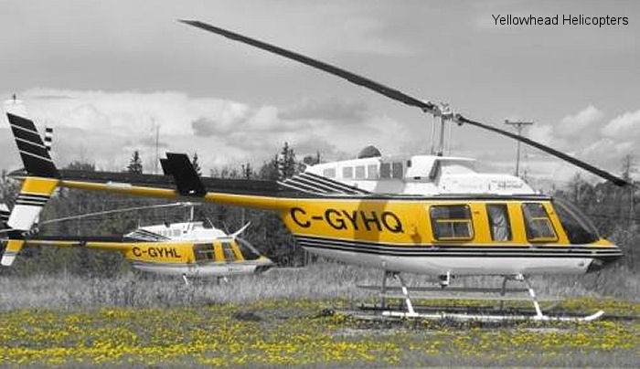 Helicopter Bell 206L-1 Long Ranger Serial 45419 Register C-FAHX C-GYHQ N2629 C-GBHQ used by Alpine Helicopters ,Yellowhead Helicopters YHL. Built 1980. Aircraft history and location