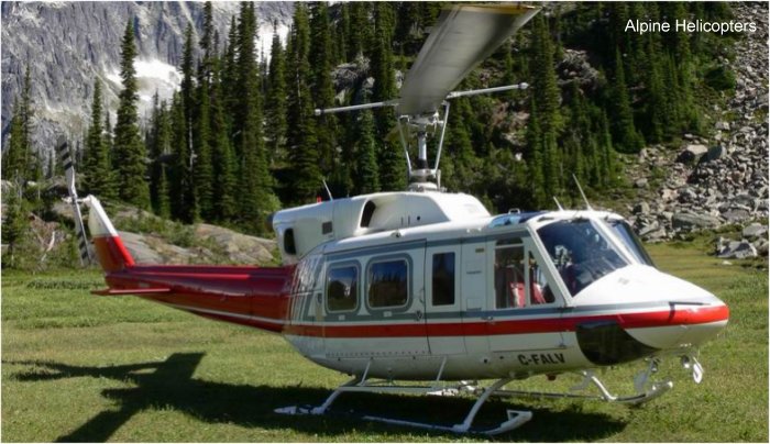 Helicopter Bell 212 Serial 30816 Register C-FALV N74AL used by Alpine Helicopters. Built 1976. Aircraft history and location