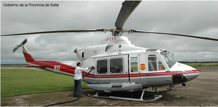Helicopter Bell 412EP Serial 36261 Register LV-ZXO N6106G used by Gobiernos Provinciales Gobierno de Salta (Salta Province Government) ,Bell Helicopter. Built 2000. Aircraft history and location