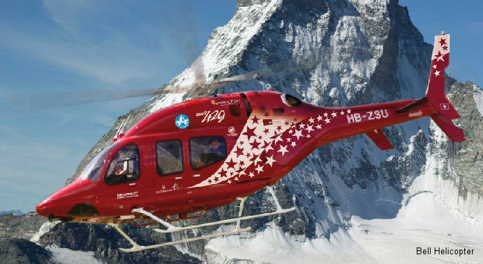 Helicopter Bell 429 Serial 57067 Register HB-ZSU N452SR used by Air Zermatt AG ,Bell Helicopter. Built 2011. Aircraft history and location