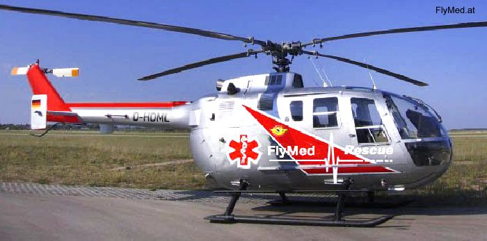 Helicopter MBB Bo105CB Serial S-438 Register UP-EC117 D-HDML used by FlyMed Austria ,Aerial-Helicopter ,DRF Luftrettung DRF (German air rescue). Built 1980. Aircraft history and location