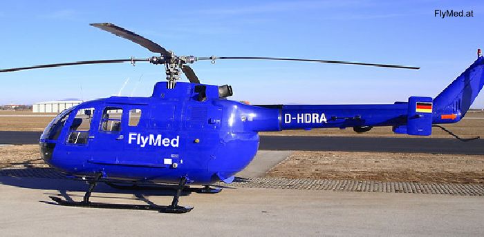 Helicopter MBB Bo105CBS Serial S-391 Register D-HDRA D-HBBB used by FlyMed Austria ,DRF Luftrettung DRF (German air rescue). Aircraft history and location