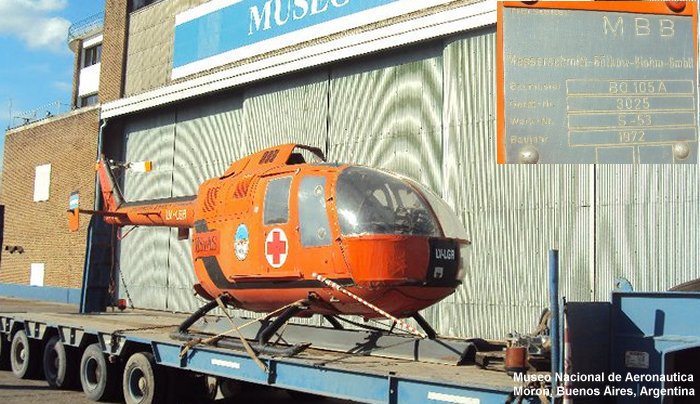 Helicopter MBB Bo105A Serial S-53 Register LV-LGR used by Gobierno Nacional MSAL (Health Ministery). Built 1972. Aircraft history and location