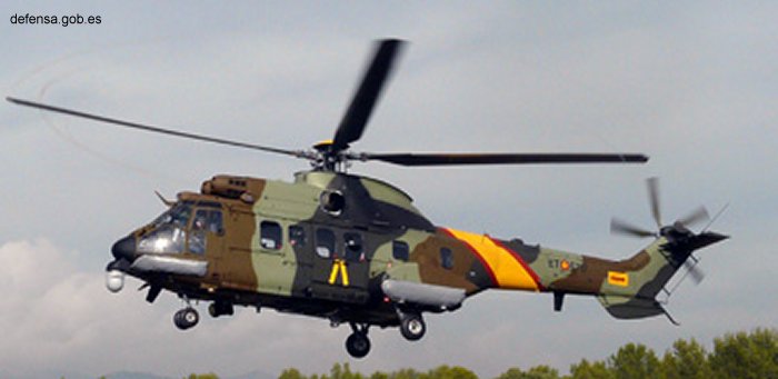 Helicopter Eurocopter AS532AL Cougar Serial 2738 Register HU.27-02 used by Unidad Militar de Emergencias UME (Military Emergencies Unit) ,Fuerzas Aeromóviles del Ejército de Tierra FAMET (Spanish Army Aviation). Aircraft history and location