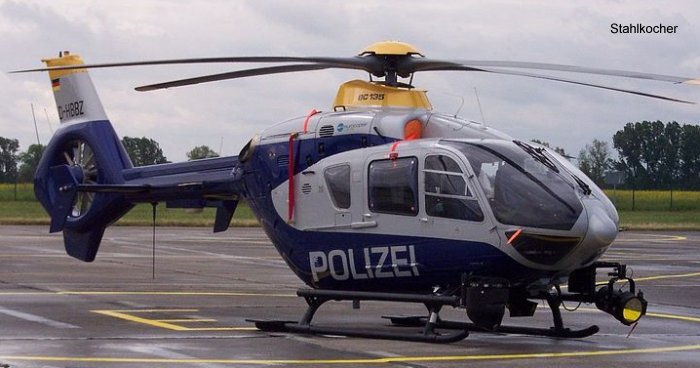 Helicopter Eurocopter EC135P2 Serial 0269 Register D-HBBZ D-HECA used by Landespolizei (German Local Police) ,Eurocopter Deutschland GmbH (Eurocopter Germany). Built 2003. Aircraft history and location