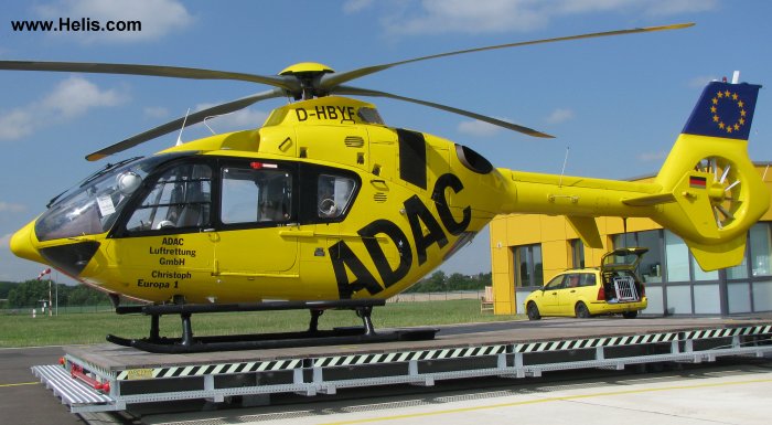 Helicopter Eurocopter EC135P1 Serial 0078 Register D-HBYF used by ADAC Luftrettung ADAC Christoph Europa 1 (ADAC) ,Christoph 6 (ADAC) ,Landespolizei (German Local Police). Built 1999. Aircraft history and location