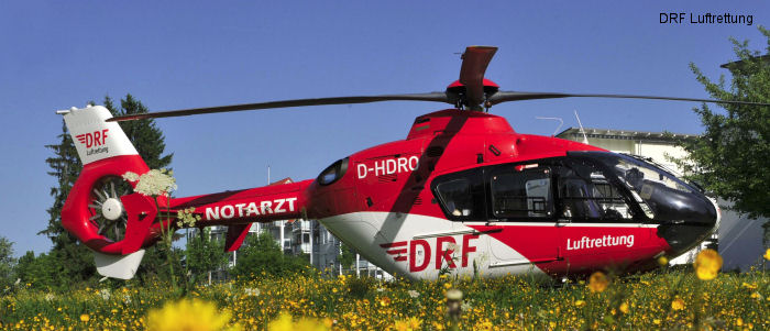 Helicopter Eurocopter EC135P2+ Serial 0657 Register D-HDRO used by DRF Luftrettung DRF Christoph 37 (DRF) ,Christoph 80 (DRF). Built 2008. Aircraft history and location