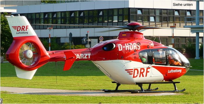 Helicopter Eurocopter EC135P2+ Serial 0729 Register D-HDRS used by DRF Luftrettung DRF Christoph 11 (DRF) ,Christoph 41 (DRF) ,Christoph 18 (DRF). Built 2008. Aircraft history and location