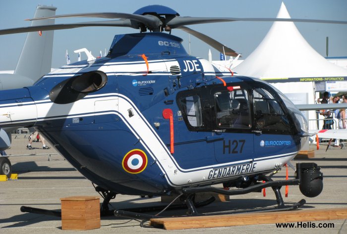 Helicopter Eurocopter EC135T2+ Serial 0747 Register F-MJDE used by Gendarmerie Nationale (French National Gendarmerie). Built 2009. Aircraft history and location