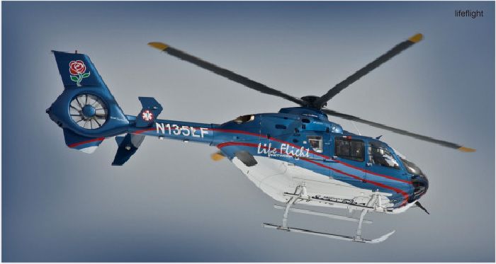 Helicopter Eurocopter EC135T2+ Serial 0647 Register N135LF used by Vanderbilt LifeFlight ,State of Massachusetts ,Air Methods. Built 2008. Aircraft history and location
