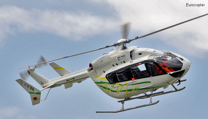 Helicopter Eurocopter EC145 Serial 9500 Register XA-THK D-HMBB used by Gobierno de Mexico (Mexico Government) ,Transportes Aereos Pegaso ,Airbus Helicopters Deutschland GmbH (Airbus Helicopters Germany). Aircraft history and location