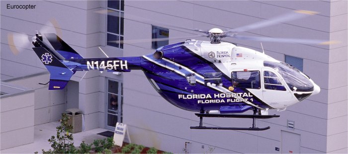 Helicopter Eurocopter EC145 Serial 9047 Register N145FH N145EC D-HMBP used by Florida Hospital / AdventHealth (Florida Hospital Memorial Medical Center) ,American Eurocopter (Eurocopter USA) ,Eurocopter Deutschland GmbH (Eurocopter Germany). Built 2004. Aircraft history and location