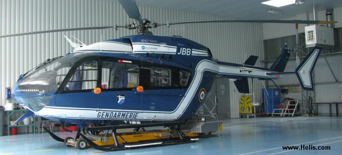 Helicopter Eurocopter EC145 Serial 9014 Register F-MJBB used by Gendarmerie Nationale (French National Gendarmerie). Built 2002. Aircraft history and location