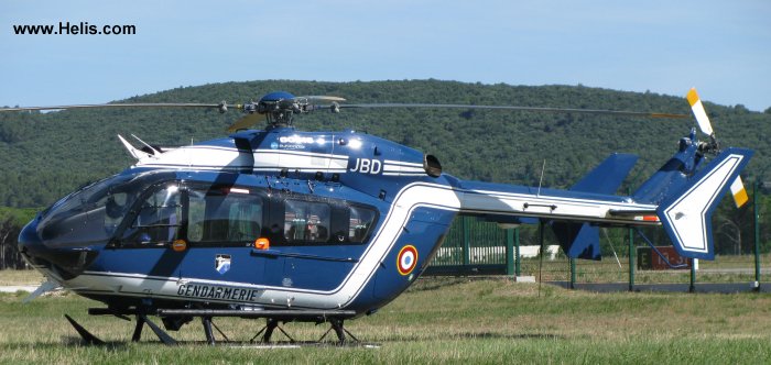 Helicopter Eurocopter EC145 Serial 9019 Register F-MJBD used by Gendarmerie Nationale (French National Gendarmerie). Built 2003. Aircraft history and location