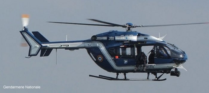 Helicopter Eurocopter EC145 Serial 9127 Register F-MJBI used by Gendarmerie Nationale (French National Gendarmerie). Built 2007. Aircraft history and location